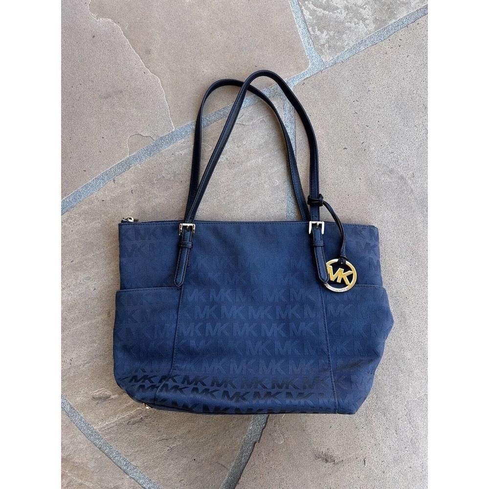 MICHAEL KORS Two Tone Logo SIGNATURE TOTE SHOULDER BAG - Navy Blue Medium